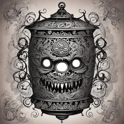 the tattooed killer lantern floats eerily, its lace exterior etched with intricate designs that seem to writhe and pulse with a life of their own. the ghastly sight of a pulsating brain visible within, suspended in a macabre display of terror. two round eyes in its center. The bloody brain, adorned with cryptic symbols and nightmarish, throbs with a sickening rhythm. Each convulsion sends flashy light tendrils through the lantern, casting clear cut shadows on the walls of the temple