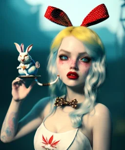 Ultra realistic wonderland photo, hot, happy blonde Alice woman and white rabbit smoking a pipe, blue dress, circus dress style, black headband with bow, old school tattoo, smoke, marijuana garden, glow eyes, perfect iris, soft color, highly detailed, unreal engine 5, ray tracing, RTX, lumen lighting, ultra detail, volumetric lighting, high definition.