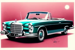 a true-to-life 1962 Mercedes Benz 300SE Convertible, centered, intricate, extreme detailed, photorealism, center view, city background, pivot on mercedes, pen and color marker, painting by cheryl kelley