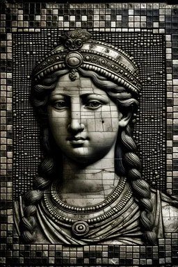 Old daguerreotype of an Etruscan mosaic, goddess, hyperdetailed, highly textured