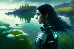 young woman in an android suit with dark hair, standing on the shore of an alien sea. Floating forests with dandelion tops in the distance