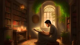 "The image depicts a tranquil and focused scene, featuring an individual engrossed in reading a book within a serene and comfortable environment. This visual captures the essence of personal growth and self-improvement, as the person is absorbed in absorbing inspiring content that contributes to their self-development and knowledge enrichment. The lighting and intricate details create a positive and motivational ambiance, ideal for learning and personal advancement."