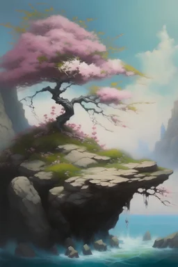 Oil painting of a bonsai tree in bloom growing on a hanging cliff, falling flowers, soft colours,