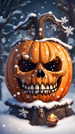 Pumpkin with snow , Merry-x-mas decoration, tree, cartoon, Undertaker, fire and smog, Skull