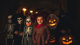 Abstract surreal multiple-exposure Halloween photograph, young children in disguises, fancy dress, scary masks, skeleton, ghost, bats, witch, trick-or-treat, fun, happy, excitement, carved-pumpkin-faces, spooky, night, award-winning photograph