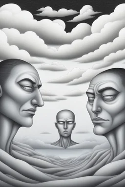 Nightmare in my mind, evil in many faces, Busch painting nightmare, thin line draw, 3D gray clouds colors