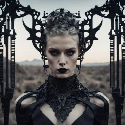 beautiful caucasian half cyborg woman, black metal body and limbs, chrome details, anorexic figure, short blond wavy bob haircut, dystopian, desert scene