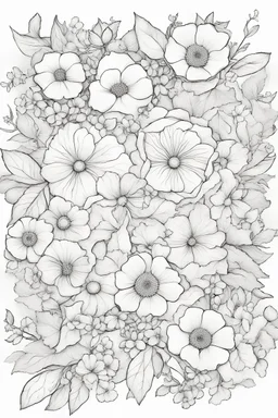 black and white wide beautiful cute floral frame for coloring pages, use a lot of big flowers, go all the way to the edges but leave a lot of space in the middle of the page, use only black and white, clear crisp outlines, no black background, go all the way to the outer edges of the page, use more space in the center of the page, make it rounder, use less shading
