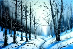 deseneaza un o imagine in tempera ,cu lumini si umbre, cu linii oblice , cu outlinii de contrast la culori ,cu mare acuratete si contrast ,reprezentand o padure de mesteceni din Laponia , iarna cu ninsoare si ceata , stil pictura pe sticla