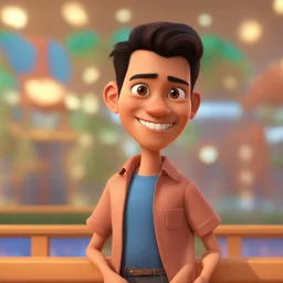 a portrait of smiling young man. indonesian. carricature. black hair. short hair. tanned skin. black eye pupils. diamond face shape. a bit small goatee, without moustache. formal dress. pixar style. 3D. 4k. portrait. highly detailed. sharp focus. high resolution. full color. cinema lighting