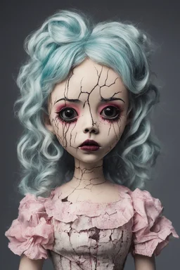 full color, illustration of a dark, menacing, monster girl Singer Melanie Martinez , as a decayed, broken, crude homemade cloth doll toy, with a narrow cracked porcelain face, thick dark eyebrows, hair made from ragged strips of cloth, in the style of Alex Pardee, Tim Burton, and Nadya Sheremet