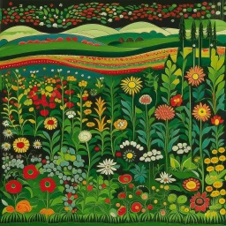 A dark green field with flowers designed in Navajo baskets painted by Wassily Kandinsky