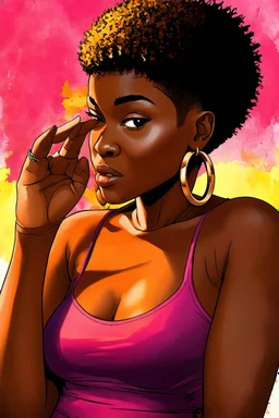 A vibrant digital illustration of a carribean woman with a confident yet playful expression. She is making a gesture by a raised brow. highly detailed short faded haircut. Her large hoop earrings are clearly visible, adding to the bold and expressive character of the artwork. with soft lighting accentuating the details of her face.", ink wash