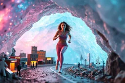 make a video pretty crystal cave covered with jewells and CIFI jewell lights and miniature city buildings and miniature people and streets, a beautiful fashion model lady with cute,curvy hair,makeup, in pretty sports suit is running inside cave ,dynamic camera fallow her inside cave capturing full body, dynamic lights.