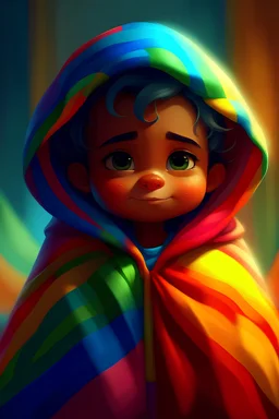 Kid in The Joseph’s Rainbow Robe, Disney Pixar art style, Detailing work, Create Background