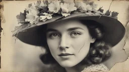 Vintage photograph of a woman in a hat with flowers, torn edges, cracks