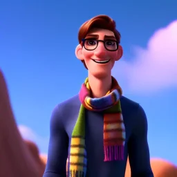 A hipster with a scarf and shades. He is tall, thin, and smirking