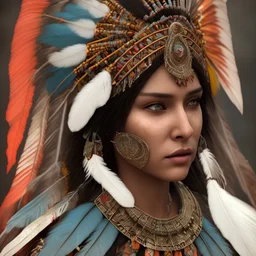 war painted pueblo Indian female, dark, disturbed expression, 12k, ultra high definition, finely tuned detail, unreal engine 5, octane render, ultra realistic face, ethnically accurate face, realistic headress, detailed make-up, soft skin glow, detailed turquoise jewelry, detailed hair, detailed feathers, use dynamic palette, accurate proportions, concerned about the future, high contrast, smokey bokeh background
