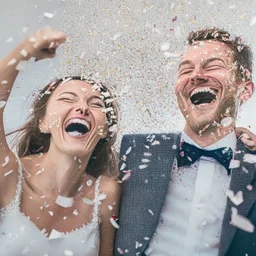 A happy man and wife with silver confetti