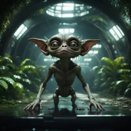 a video conference with alien gremlin anatomy held by a scientist in dark lit reflective wet jungle metallic hall dome hotel tunnel, in the style of a fallout 4,bokeh like f/0.8, tilt-shift lens 8k, high detail, smooth render, down-light, unreal engine, prize winning