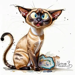 Small cursive signature Meezer3 (transparent white) in the lower right corner, delicate and integrated into the painting. Oriental shorthair Siamese chocolate point cat with vivid blue eyes. art style. Mixture of techniques. Scratched paint, peeling paint, dry brush, watercolor washes, ghost image details, blotted paint areas. Mixed media; gouache, alcohol ink, oil crayon, conté crayon, pastel and collage. Colorful Concentric Rings of a polished Agate Slice. ChatGPT