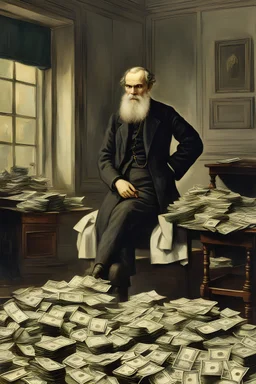 Leo tolstoy in a room full of money