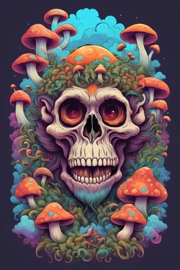 Psychedelic monkey skull surrounded by clouds and overgrown with psychedelic mushrooms. Digital drawing. Colorful. t-shirt design. Cartoon. Digital cartoon. Mid detailed