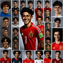 85mm DSLR color photography of a very detailed headshot fitting all of head and hair in frame. 19-year-old Spanish soccer player, and with no facial hair and has no facial hair, has short and black hair and he looks like Xavi's brother ,with a small smile, grey background