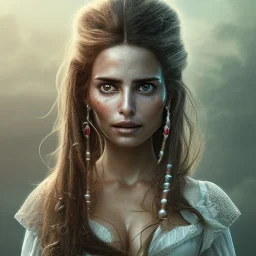 best quality, realistic lighting, masterpiece portrait of Penelope Cruz from pirates of the Caribbean, details, light dusting of freckles, shot from above, simple chain hauberk, warhammerVector art matte painting digital illustration 3D shading CryEngine Behance HD 3Delight