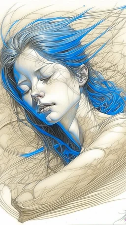 color ballpoint pen drawing: beautiful woman, with a slight smile, in a attractive pose, splashing, scraping, on embossed paper, coarse paper, by Aaron Horkey