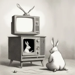 pig watching a tv with a rabbit playing music beksinski style