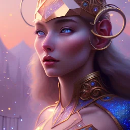 beautiful single woman, landscape, city of the elves, ,rose, gold, very blue sky, crystal domes, glistening oiled shiny, intricate, Exquisite details and textures, highly detailed, digital painting, artstation, concept art, sharp focus, nature background, illustration, 8k, by stability ai, nvidia