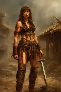 Lucy Lawless as Xena Warrior Princess ,Very muscular tanned woman with long dreadlocks and tribal tattoos in barbarian clothes with bronze axe in abandoned village, realistic face, close-up, brutal, dark fantasy, smoke in the sky, lightnings, rain, intricate details, hyper detailed, Jean Baptiste Monge, Carne Griffiths, Michael Garmash, seb mckinnon ,Xena Warrior Princess