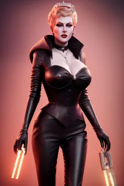 Lana Turner as evil queen in black leather, leather, busty, cleavage, angry, stern look. character design by cory loftis, fenghua zhong, ryohei hase, ismail inceoglu and ruan jia. unreal engine 5, artistic lighting, highly detailed, photorealistic, fantasy