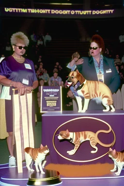 1990 dog show realistic (film Color Mission 200::10) photo from old disposable camera with a cat body rabit head winning first prize, grainy photo