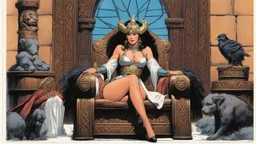 colour illustration [a mix of Madonna and Britney's allures] Ernie Chan Savage Sword of Conan #22 Pin-Up Illustration Original Art (Marvel, 1977) As Lady Helena Whispers sat upon her ornate throne, her eyes gleaming with a mix of curiosity and calculation, the poor farmer woman knelt before her, her eyes downcast in a mixture of fear and defiance. The woman, once violated and sold as a slave by a brutal band of barbarians, now found herself in the opulent halls of Lady Helena's castle, a place o