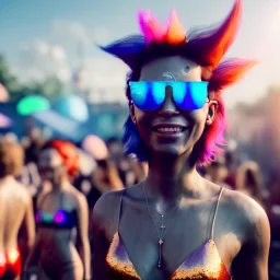 Ultra Realistic photo, medium shot view, drunken dancer bikini woman, carnival scene, monster hair, steampunk. Red hair, confeti, Sunglasses, smile, happy, festival, gradient color fog. highly detailed, concept art, unreal engine 5, ray tracing, RTX, lumen lighting, ultra detail, volumetric lighting, 3d, finely drawn, high definition, high resolution.