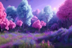 monde en fleurs bleu pink fuksia, concept art, crépuscule , trees bleu pink violet oranger, vibrant Color, réaliste, kwiaty maki rozowe