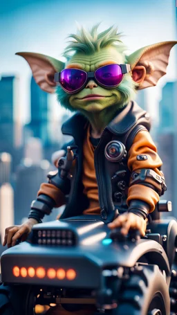 portrait of Hairy Gremlin pimp ninja cyber punk in flying hipster tractor parked on top of sky scraper,bokeh like f/0.8, tilt-shift lens 8k, high detail, smooth render, down-light, unreal engine, prize winning