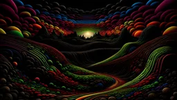 All Black Rainbows || surreal landscape, optical illusions, in the styles of Douglas Smith and Jim Woodring and Patrick Arrasmith, mixed media, cinematic, sharp focus, highest resolution