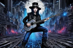 Mixed media picture, the background is black and white line art 3d cyber city In the middle a colorful photo of an attraktive goth asian man playing on the old guitare , wearing goth dark blue clothsirt, shiny black jeans, steampunk black hat and black boots, his hair is deep blue-black-silver colors, enhancing the contrast between her and the black and white cityscape space