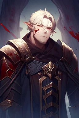 Armored Male Blood Knight Elf by manhwa or korean webtoon style there are lightning and blood spurts around the man, his face pointed at the camera, and with a serious look he lets his opponent know that it's his turn