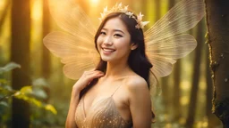 A gorgeous smiling Asian model in a fairy outfit with great glittering wings in a magic forest with 1000 y/o trees, a small torrent, sun rays through the branches, particles in the air at dawn