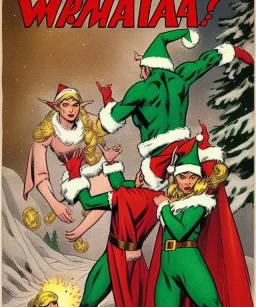 two elves. woman and man. Christmas scene. poster. marvel comic. low-key