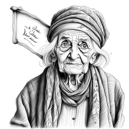 old woman holding up a sign, pencil drawing, black and white