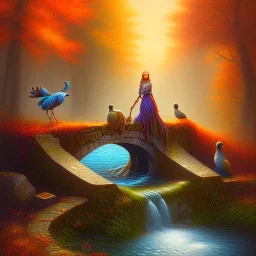 spray painted fantasy art, book illustration,portrait of a powerful druid and her flock by a dam ,autumn water, colorful, evening