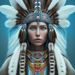 war painted pueblo Indian female,detailed eyes, blue eyes,, disturbed expression.intricate detaile,thnically accurate face, intricate head dress,detailed turquoise jewelry, detailed hair, detailed feathers, use dynamic palette, accurate proportions, high contrast black smokey bokeh background.studio ghibli,andrea bonelli,Kilian Eng,Ohrai, korra character, style.