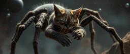 vampire space spider cat holding a human in its grip