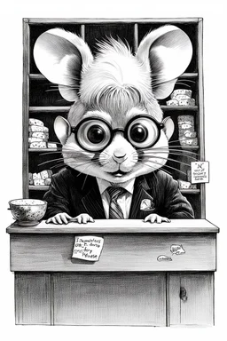 - “Mr. Whiskers McStreusel crazy old mouse inside his magic cheese shop, a wiry fellow with wild white hair and glasses so large they practically covered his whole face.” charcol sketch on white background