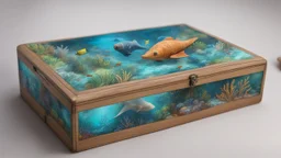 a box 10 cm long by 5 cm wide and 25 cm high, with drawings of animals, sea fauna tress from Subnautica